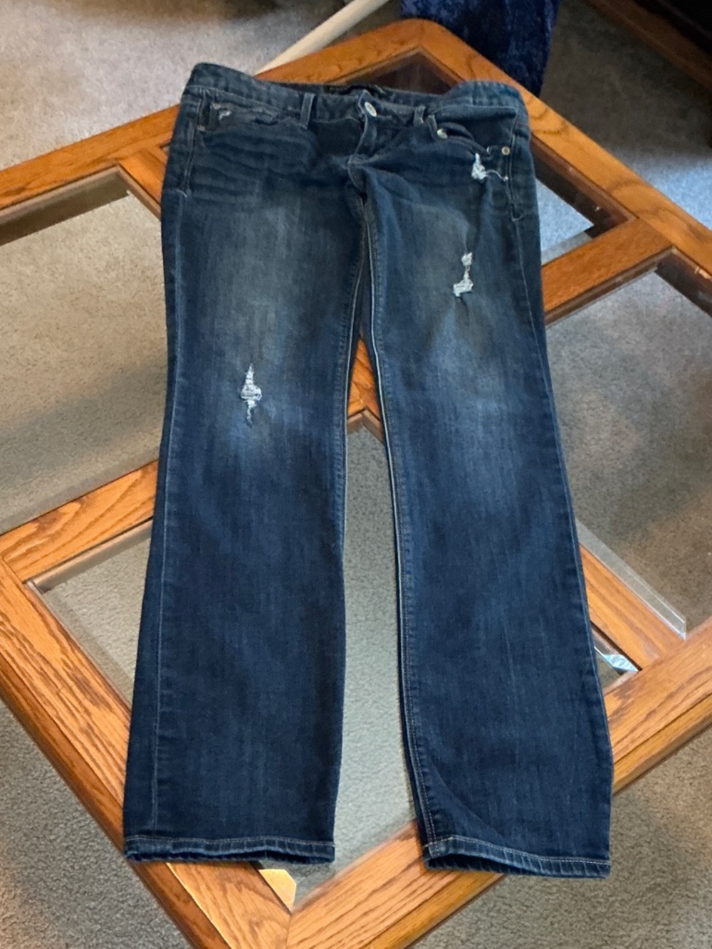 Express Dark Blue Skinny Jeans with Distressed Accents